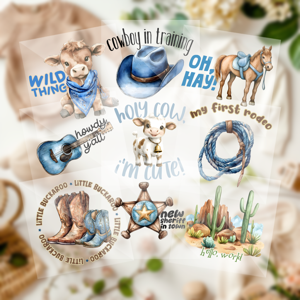 Cute Assorted Western Rustic Cowboy Boho Country Boys Blue Baby Shower Onesie Iron On Transfers 9 Piece Set