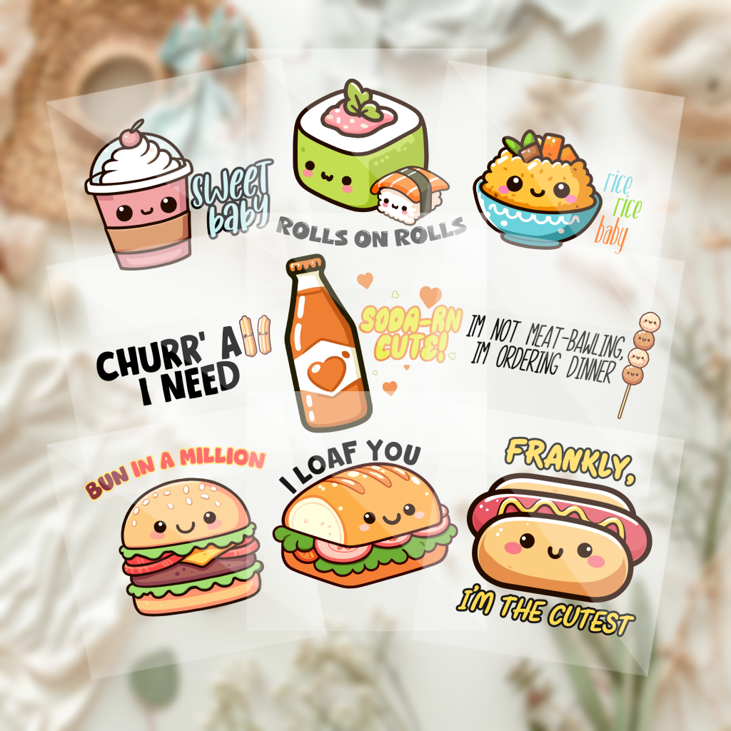 Cute Assorted Kawaii Food Baby Shower Onesie Iron On Transfers 9 Piece Set