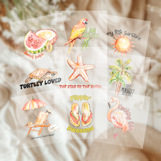 Cute Assorted Beach Nature Nautical Summer Baby Shower Onesie Iron On Transfers 9 Piece Set