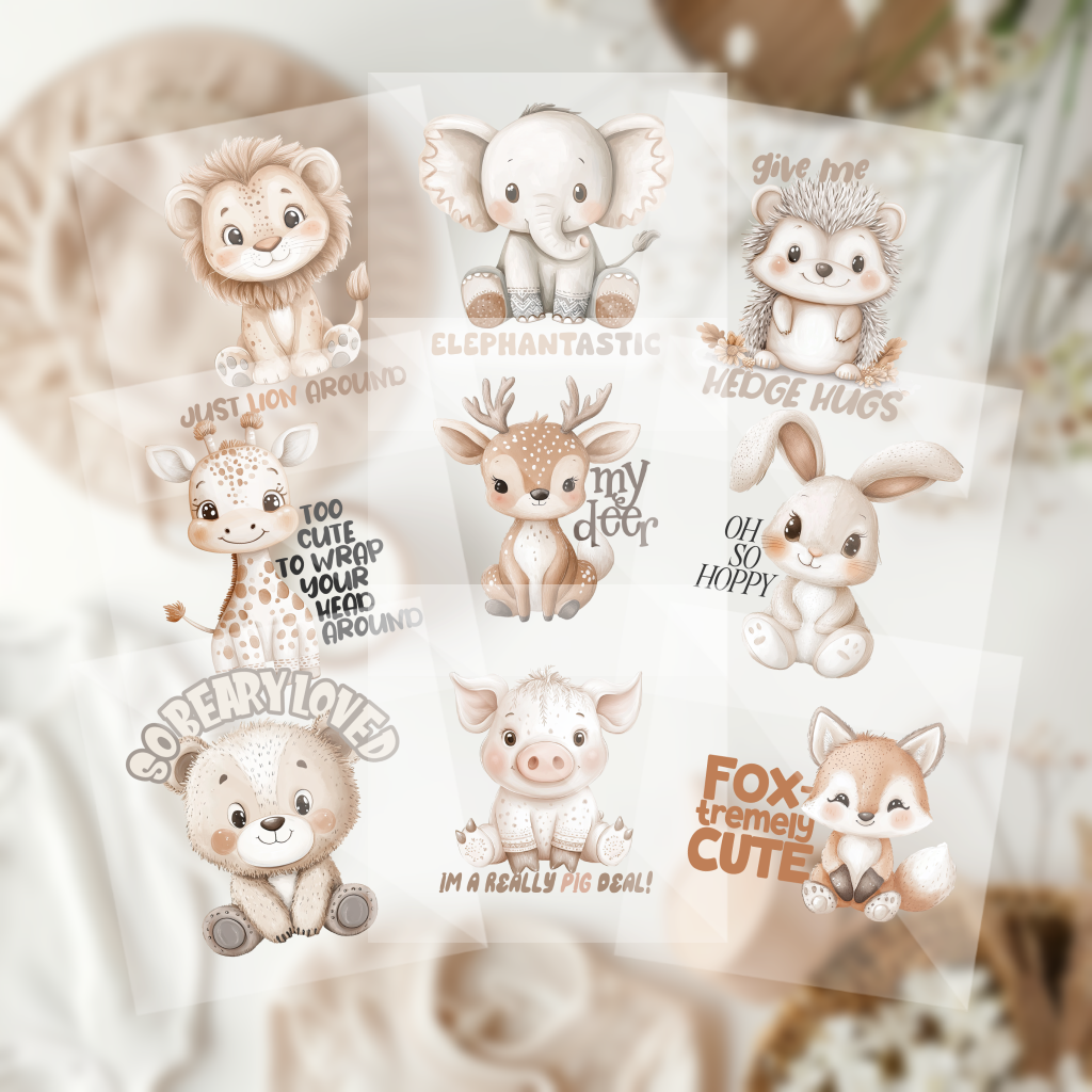Cute Assorted Boho Woodland Neutral Animals Baby Shower Onesie Iron On Transfers 9 Piece Set