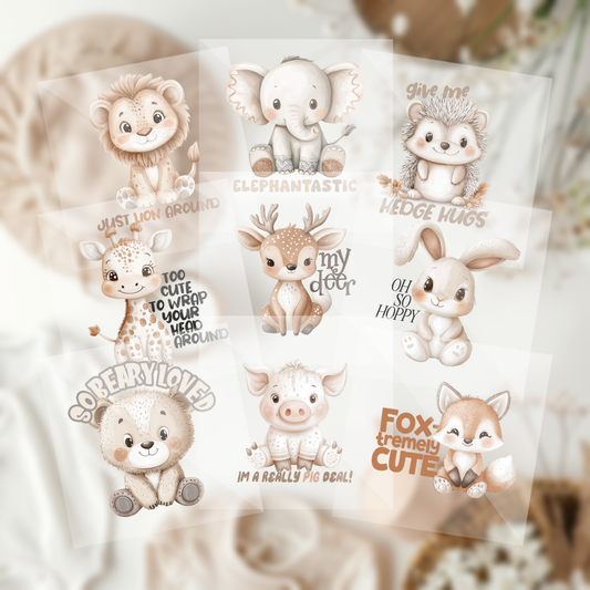 Cute Assorted Boho Woodland Neutral Animals Baby Shower Onesie Iron On Transfers 9 Piece Set