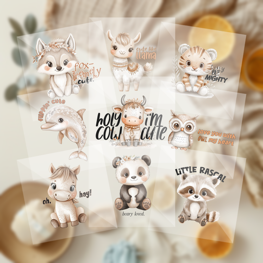 Cute Assorted Boho Neutral Animals Baby Shower Onesie Iron On Transfers 9 Piece Set