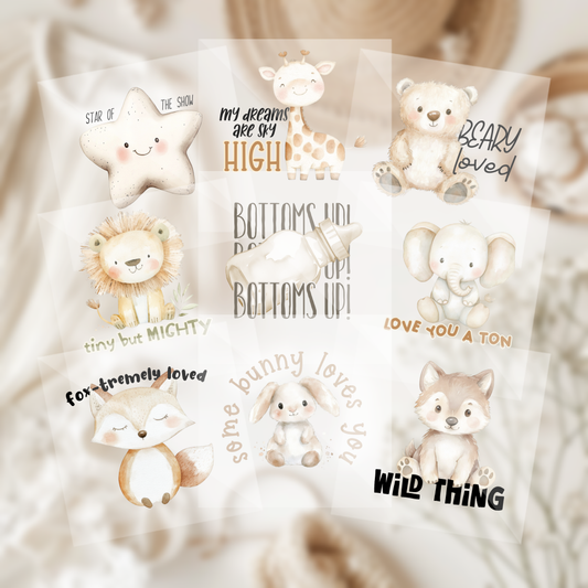 Cute Assorted Boho Neutral Animals Baby Shower Onesie Iron On Transfers 9 Piece Set