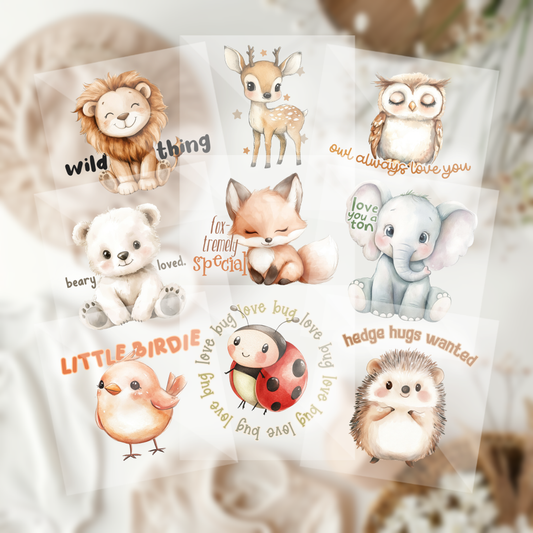 Cute Assorted Boho Woodland Neutral Animals Baby Shower Onesie Iron On Transfers 9 Piece Set