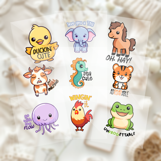 Cute Assorted Colorful Animals Baby Shower Onesie Iron On Transfers 9 Piece Set