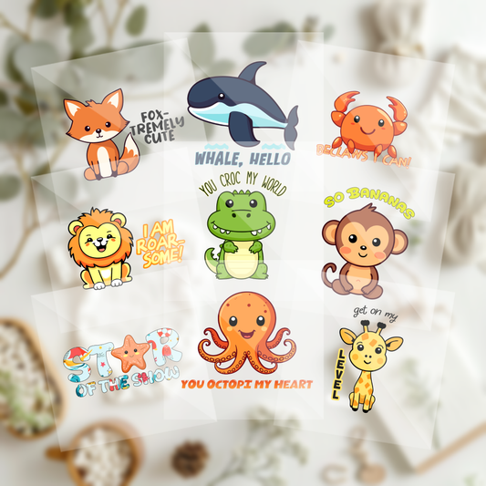 Cute Assorted Animals Baby Shower Onesie Iron On Transfers 9 Piece Set