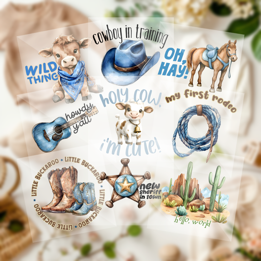 Cute Assorted Western Rustic Cowboy Boho Country Boys Blue Baby Shower Onesie Iron On Transfers 9 Piece Set