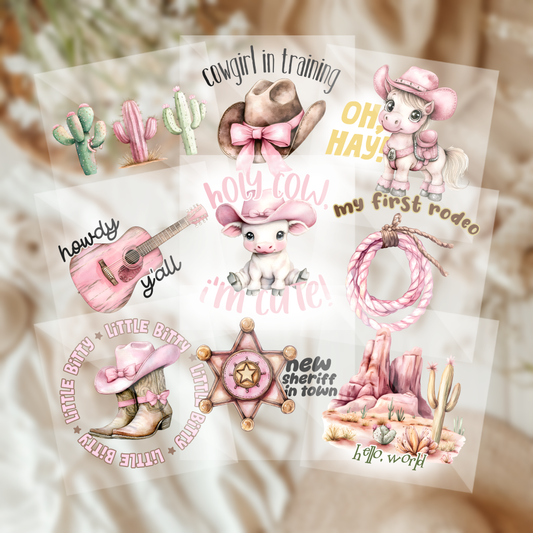 Cute Assorted Western Rustic Cowgirl Boho Country Girls Pink Baby Shower Onesie Iron On Transfers 9 Piece Set