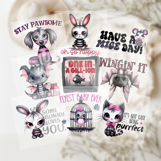 Cute Assorted Gothic Emo Dark Halloween Animals Baby Shower Onesie Iron On Transfers 9 Piece Set