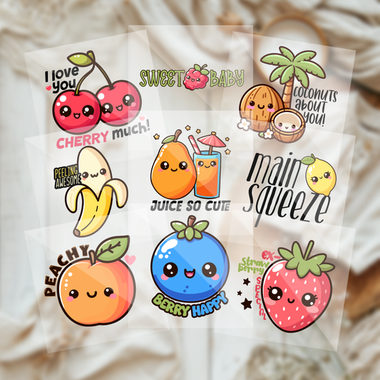 Cute Assorted Colorful Fruits Baby Shower Onesie Iron On Transfers 9 Piece Set