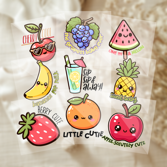 Cute Assorted Colorful Fruits Baby Shower Onesie Iron On Transfers 9 Piece Set