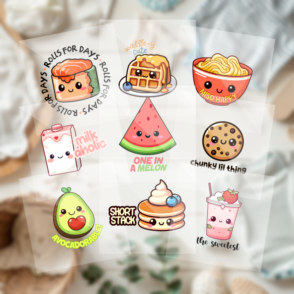 Cute Assorted Colorful Foods Baby Shower Onesie Iron On Transfers 9 Piece Set