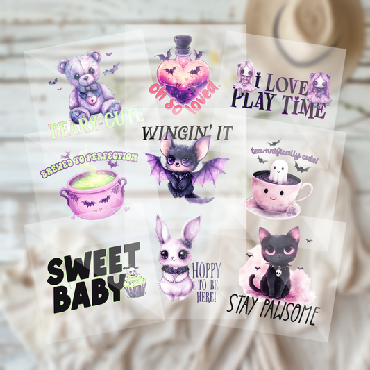 Cute Assorted Goth Emo Dark Halloween Animals Baby Shower Onesie Iron On Transfers 9 Piece Set