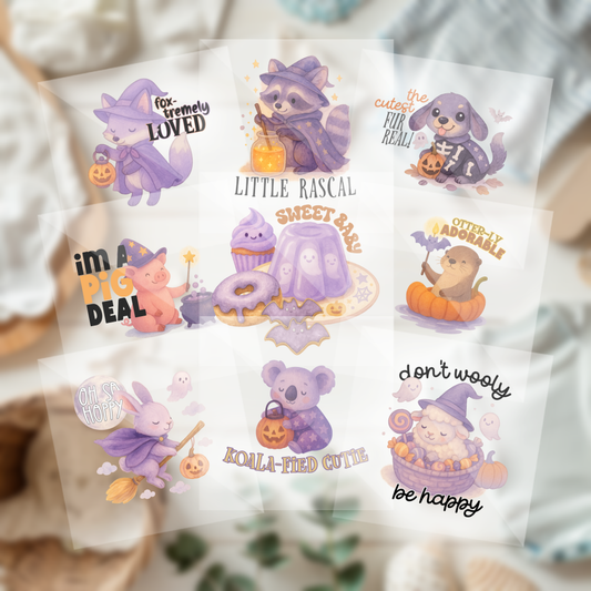Cute Assorted Halloween Animals Baby Shower Onesie Iron On Transfers 9 Piece Set