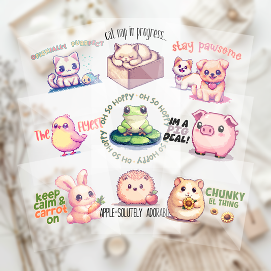 Cute Assorted Pixel Animals Baby Shower Onesie Iron On Transfers 9 Piece Set