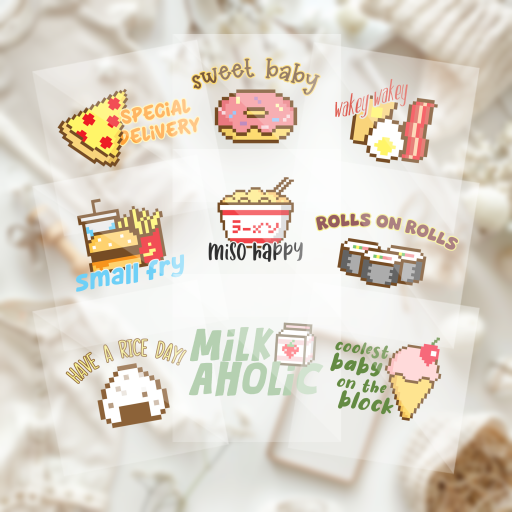 Cute Assorted Pixel Animated Foods Baby Shower Onesie Iron On Transfers 9 Piece Set