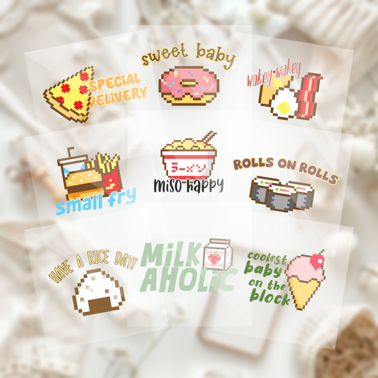Cute Assorted Pixel Animated Foods Baby Shower Onesie Iron On Transfers 9 Piece Set