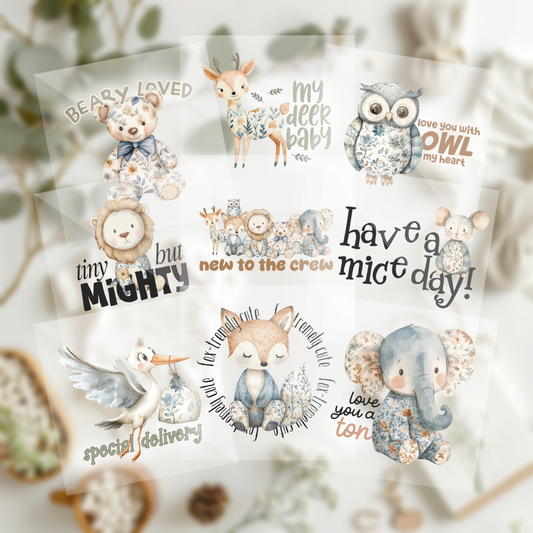 Cute Assorted Boho Toile Floral Woodland Neutral Animals Baby Shower Onesie Iron On Transfers 9 Piece Set