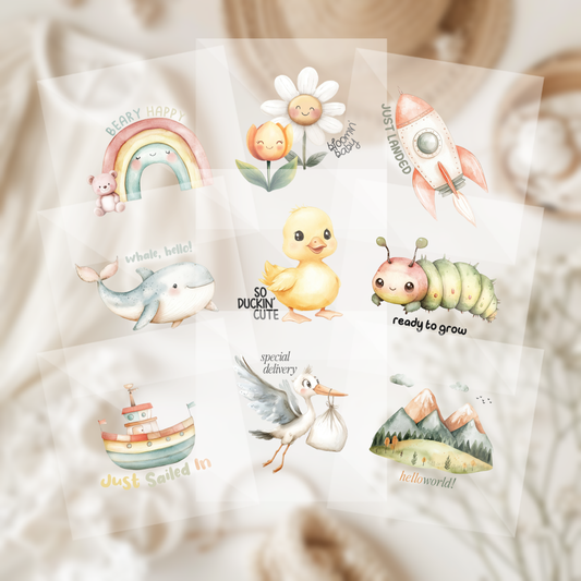 Cute Assorted Pastel Nature Baby Shower Onesie Iron On Transfers 9 Piece Set