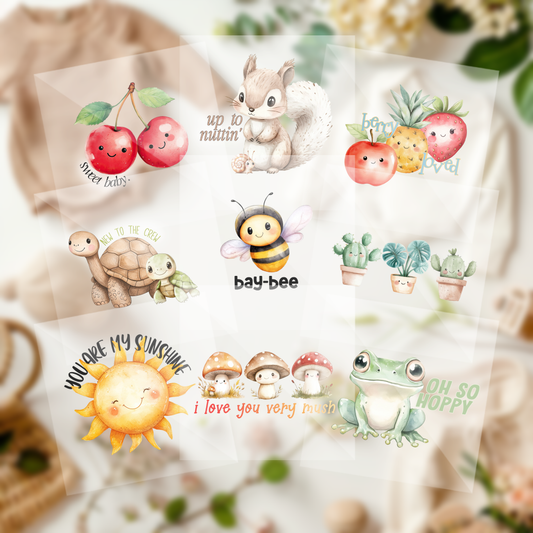 Cute Assorted Boho Woodland Nature Neutral Animals Baby Shower Onesie Iron On Transfers 9 Piece Set