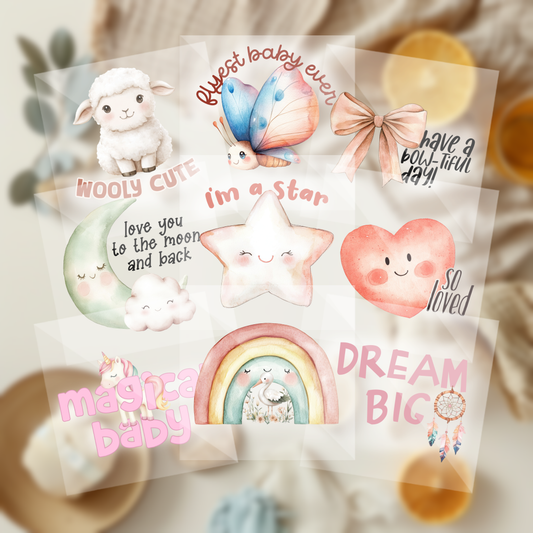 Cute Assorted Girl Magical Dream Baby Shower Onesie Iron On Transfers 9 Piece Set